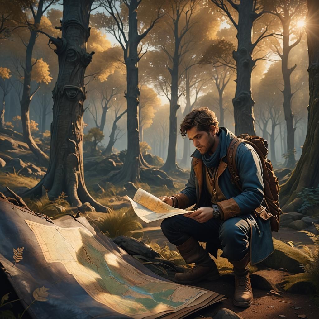 Traveler Studies Map in Golden Light: Fantasy Art
