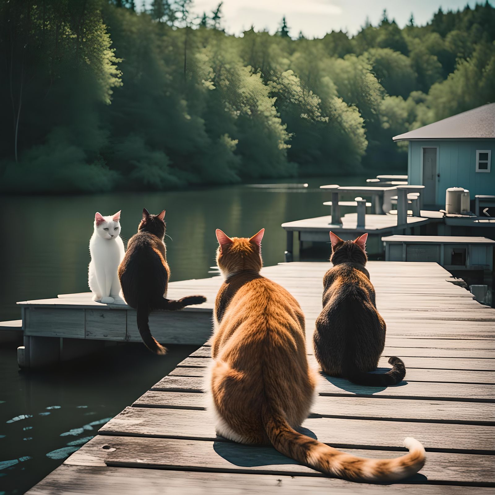 Cats Sitting On A Dock By The River