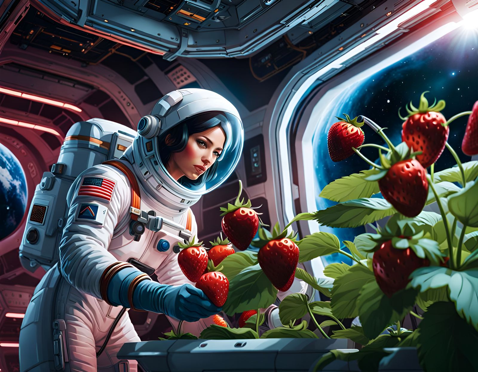 An attractive woman, perfect face, in a space suit tending t...