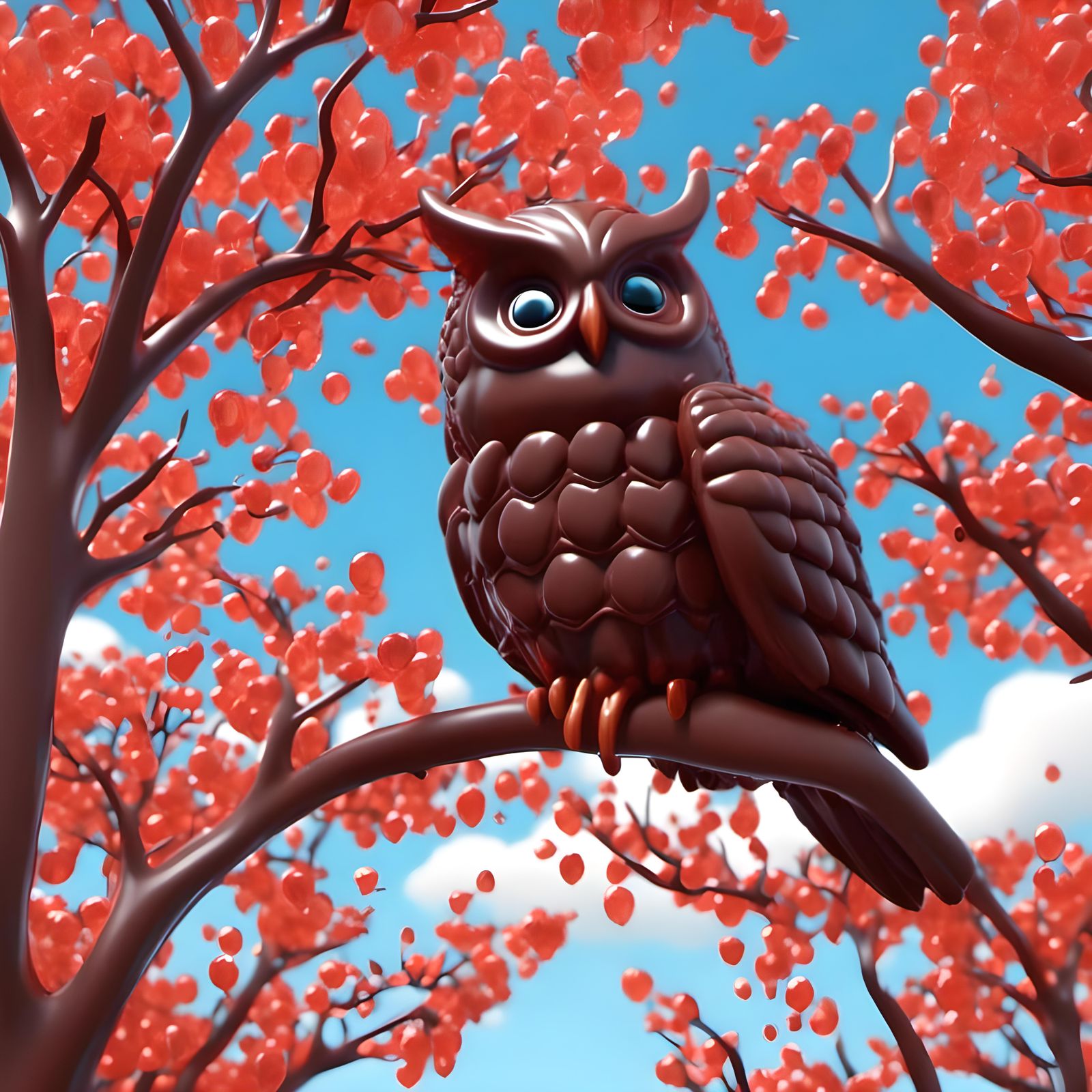 a sentient chocolate owl in a gummy tree, gummy candy leaves, cloudy sky, smooth cgi animation, <lora:CandyLand Test 29:1.0> 