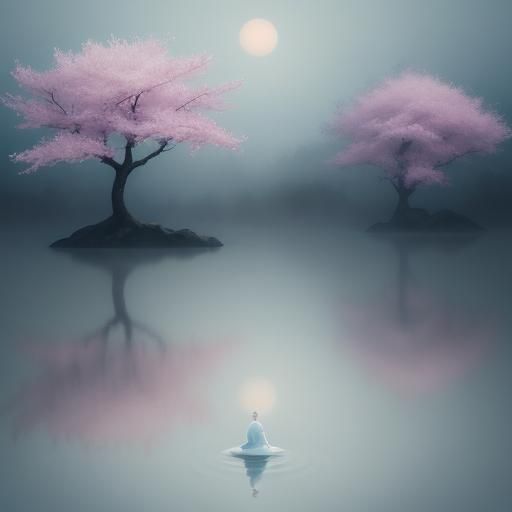 Surreal Figure in Dreamlike Cherry Blossom Landscape