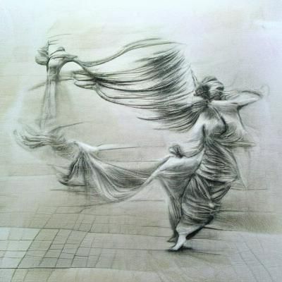 Modern pencil sketch on lined paper, dancing wind