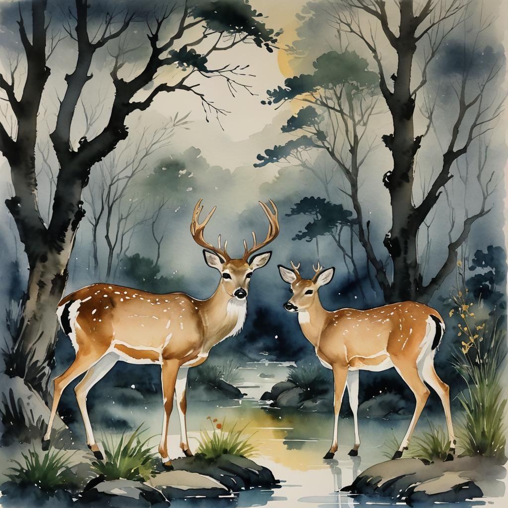 Taoist Man with Deer in Watercolor Gouache Style