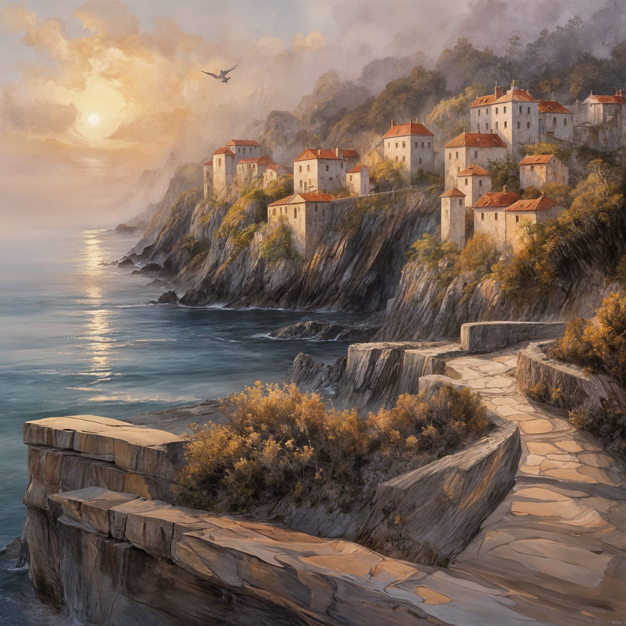 A highly detailed fantasy painting of an ancient seaside town at dawn.
Quiet, atmospheric, and glowing with the first breath of morning.

Th...