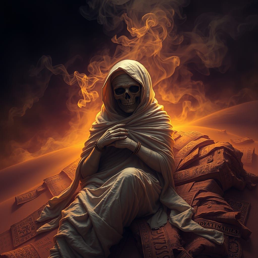 etheral smoke rising from a mummy queen   by @Chippa