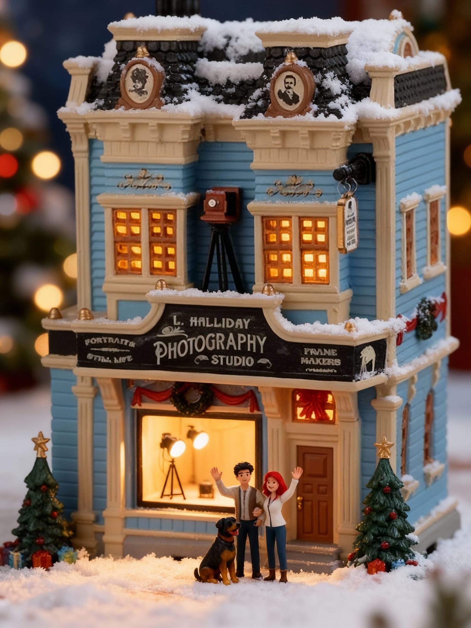 Miniature Christmas house, styled as a photography studio. 
Visible through the window is a camera on tripod and studio lights. In front of ...