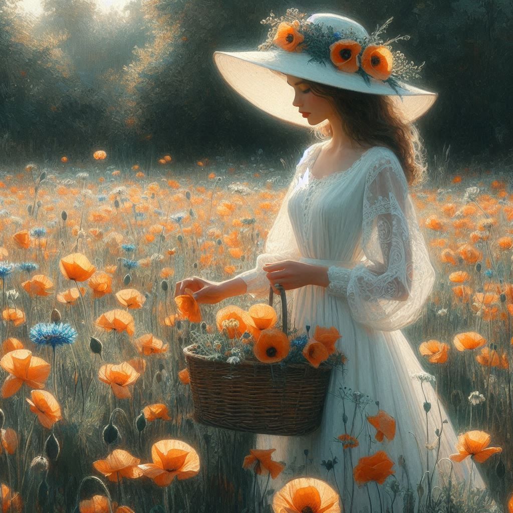 Girl picking flowers 1 - orange and white