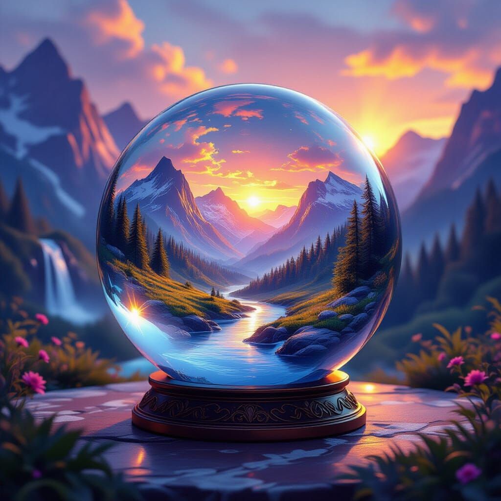 Crystal Ball Reveals Mountain Sunset Landscape