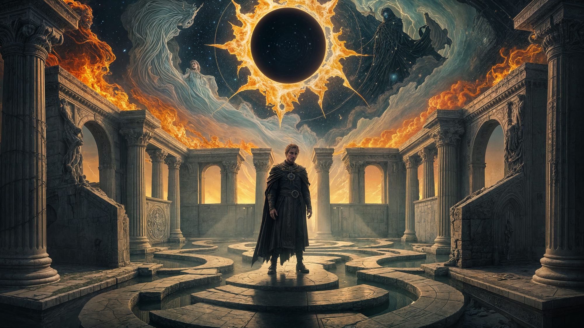 “A mythic, surreal 16:9 scene where the ephemeral bleeds into the eternal—not as symbol, but as wound. A lone, spectral sentinel stands in t...