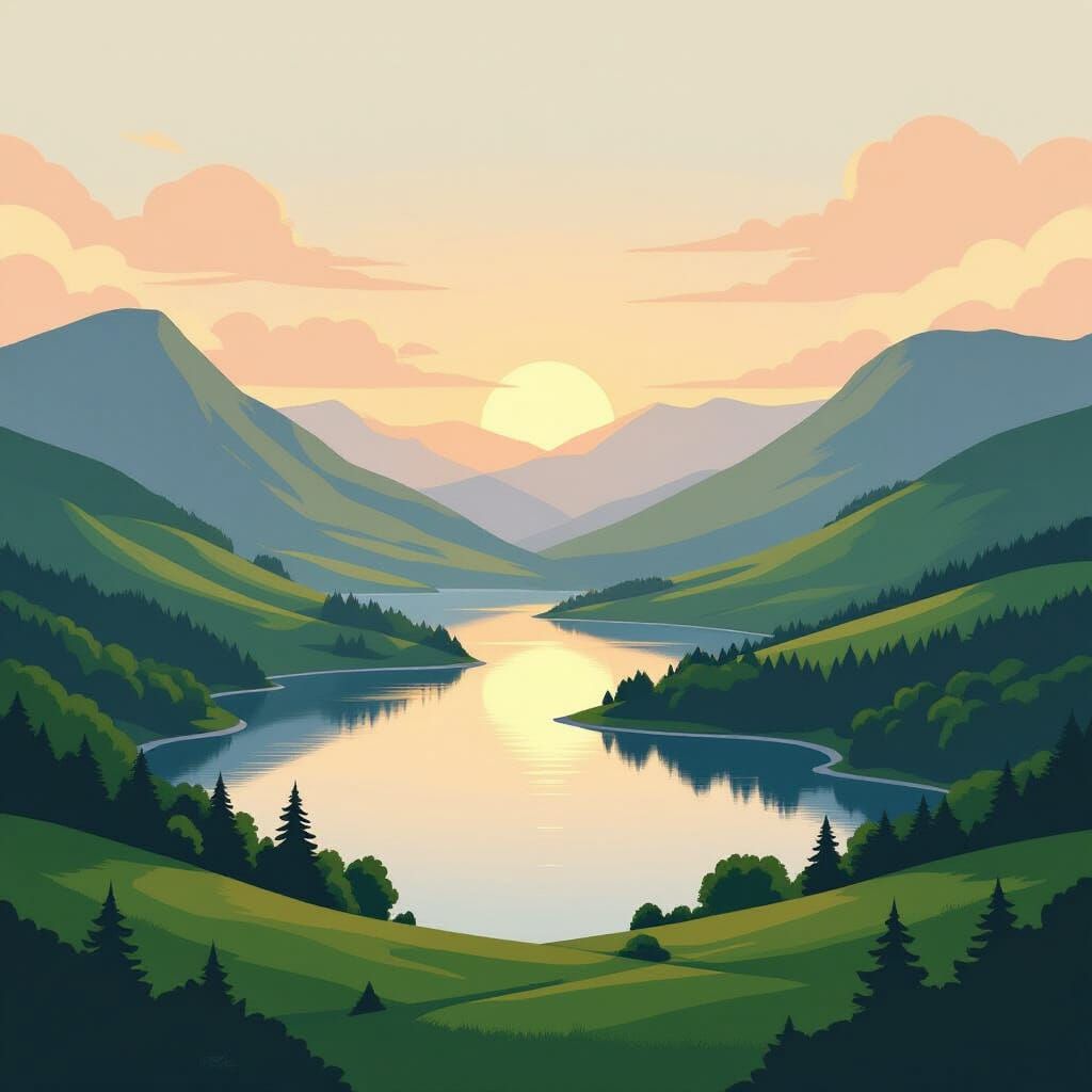 Dreamy Landscape with Rolling Hills and Tranquil Lake