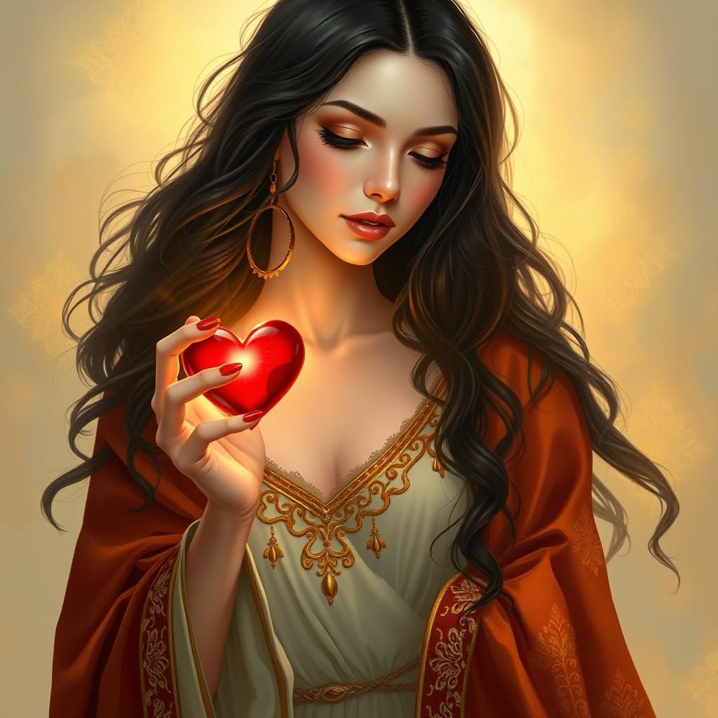 Vivid beautiful woman holds a glowing red heart in her hand