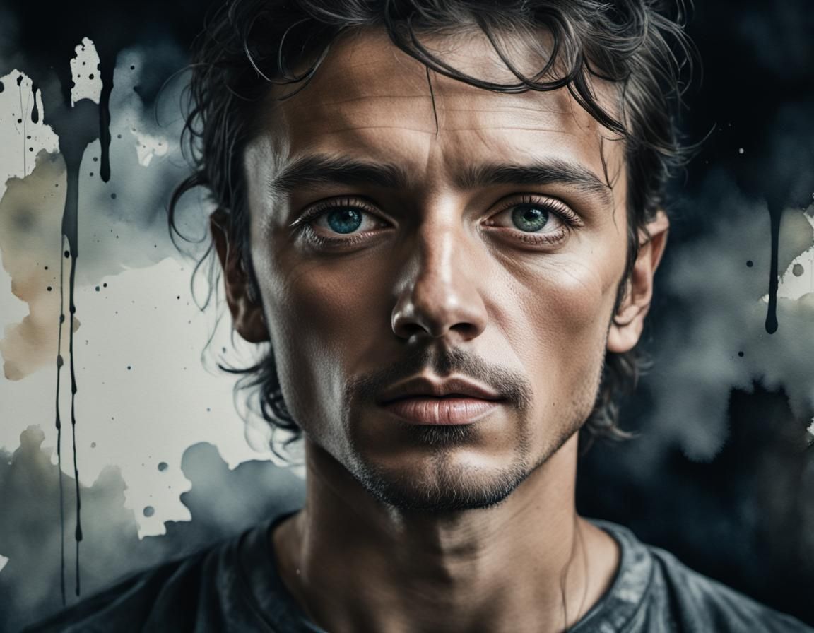 The portrait is drawn in close-up with Watercolor paints,  H...
