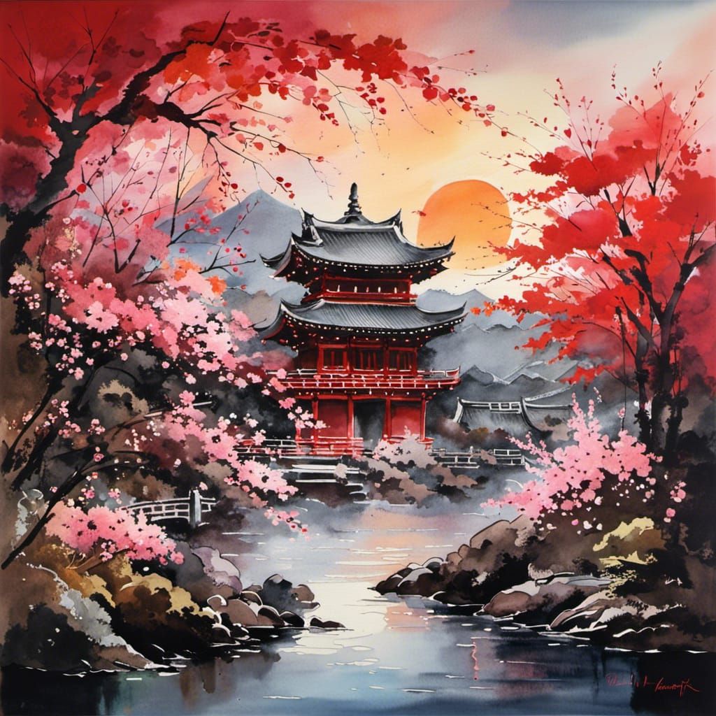 Watercolor Japanese Temple - AI Generated Artwork - NightCafe Creator