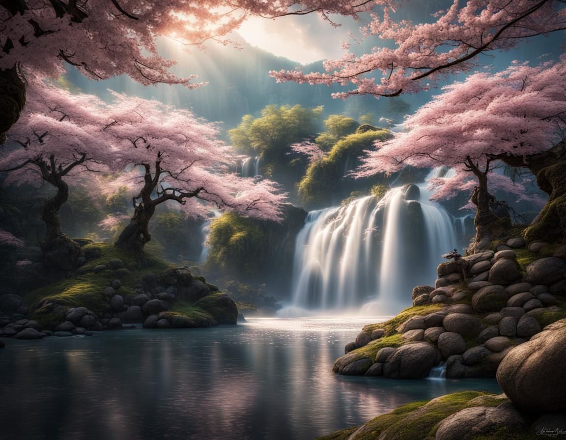 Asian fairy, cherry blossom trees, waterfalls, dynamic lighting ...