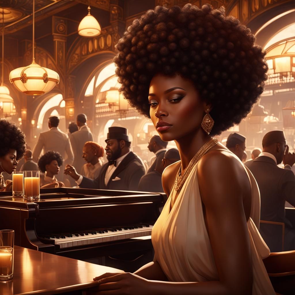 Beautiful brown crowded café with an afro American female pi...