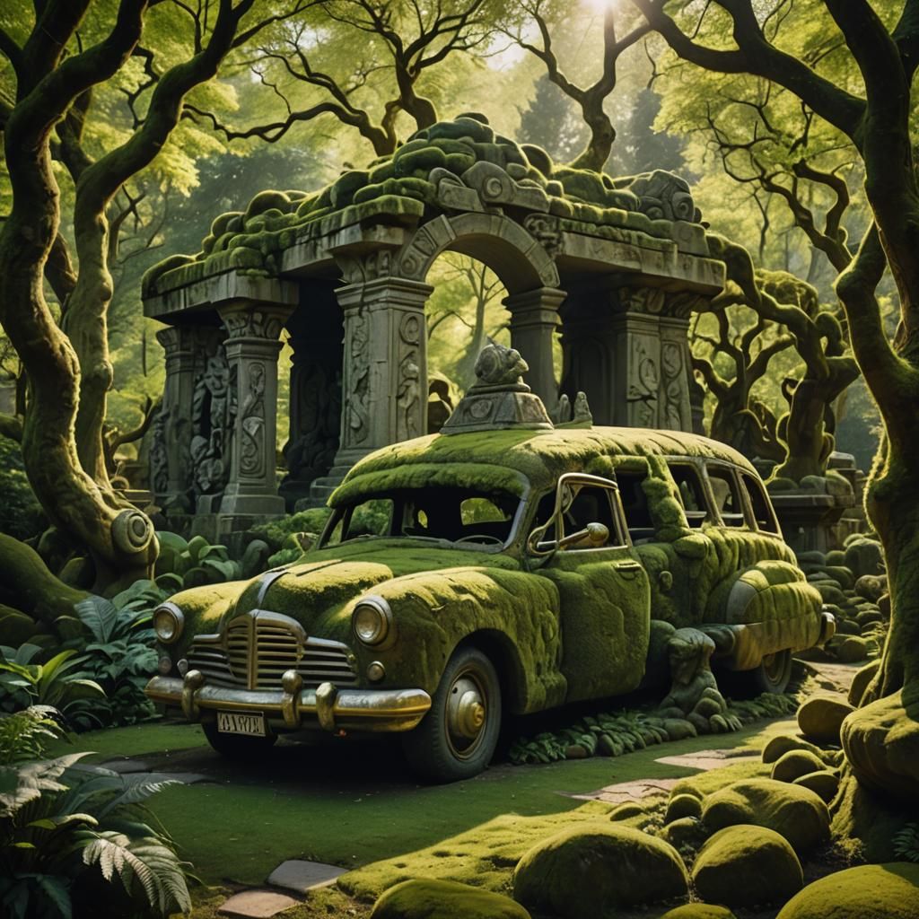 Surrealist Garden Scene with Stone Car Sculpture