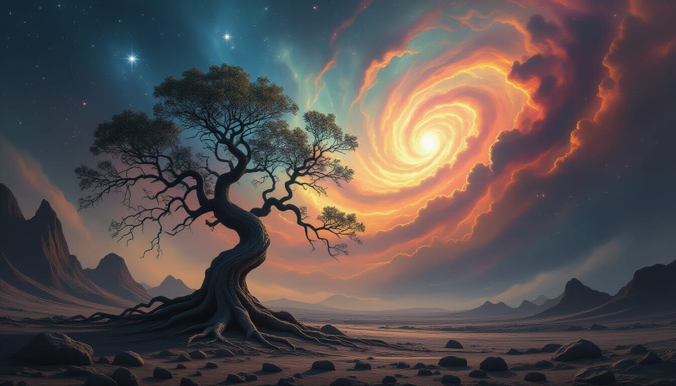 A lone, ancient tree stands on a barren, rocky planetoid adrift in the void of deep space. Ethereal nebulae swirl in the background, casting...