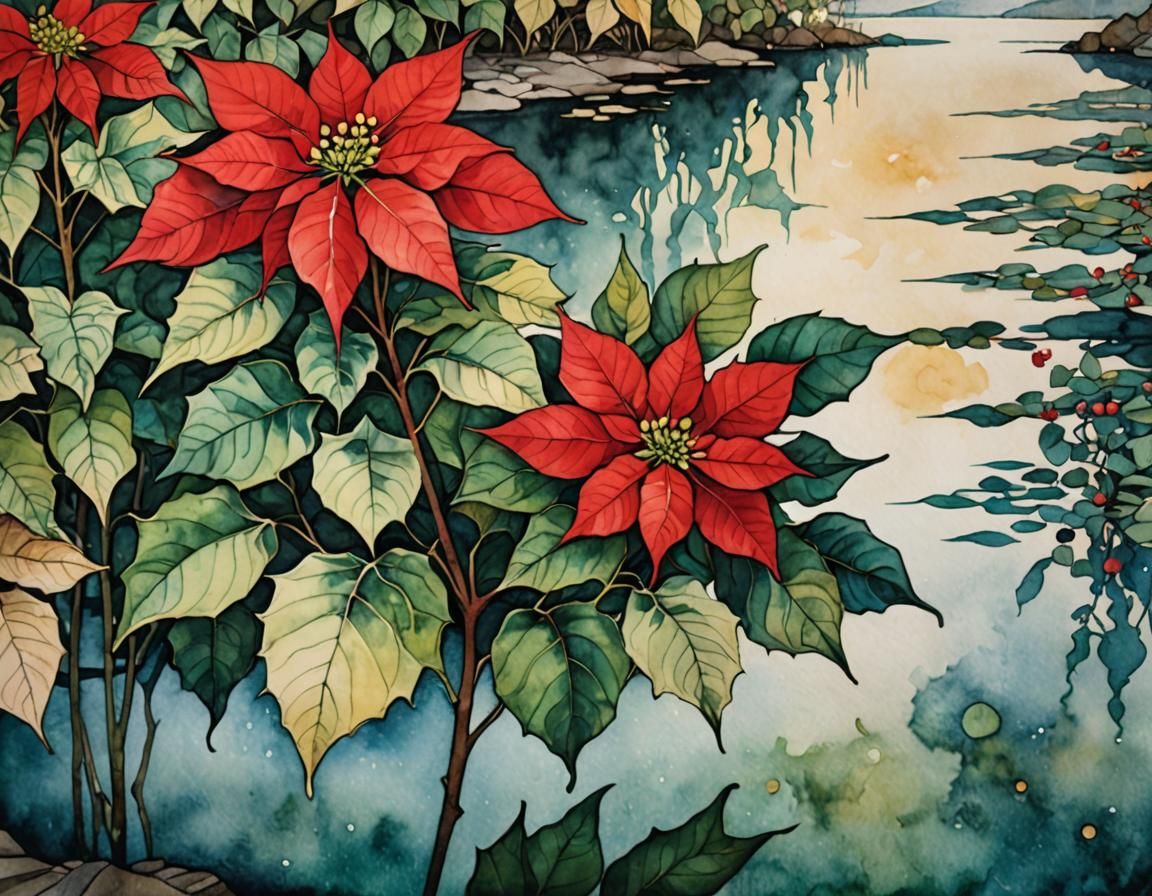 Poinsettia plant near the lake  by @Jin
