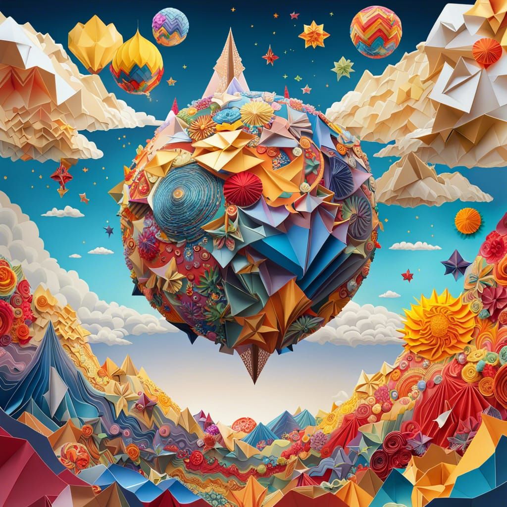 Vivid, colorful Origami planet populated by the little prince, sun and cloud sky” elaborate, embellished, ...  by @Jean-Paul Gagnon