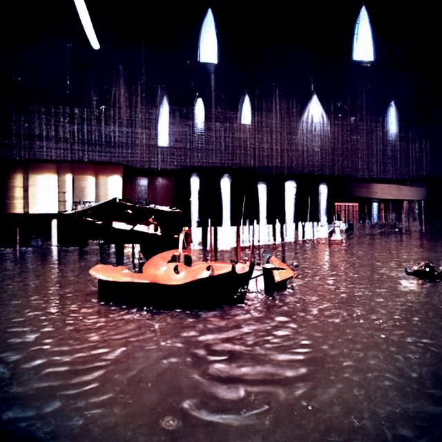 The flooded concert hall is floatin