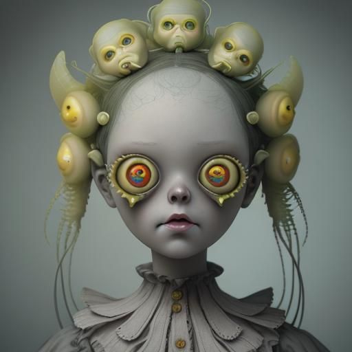 Close up of a creepy doll with weird yellow eyes and a huge ...