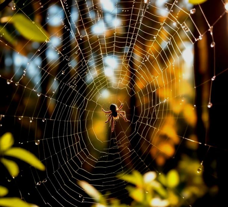 Macro Photography of a Vibrant Spider Web in Lush Greenery