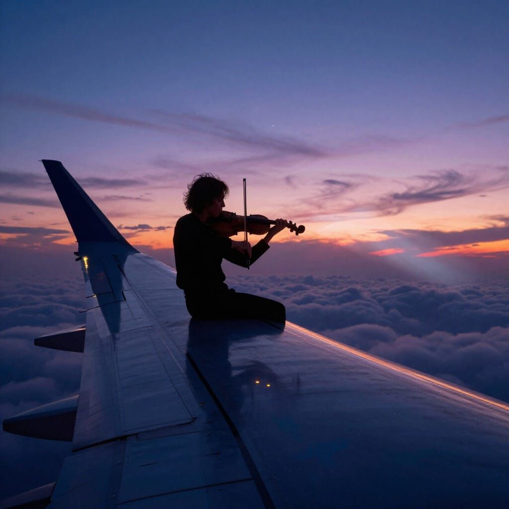 Man Plays Violin on Airplane Wing at Twilight