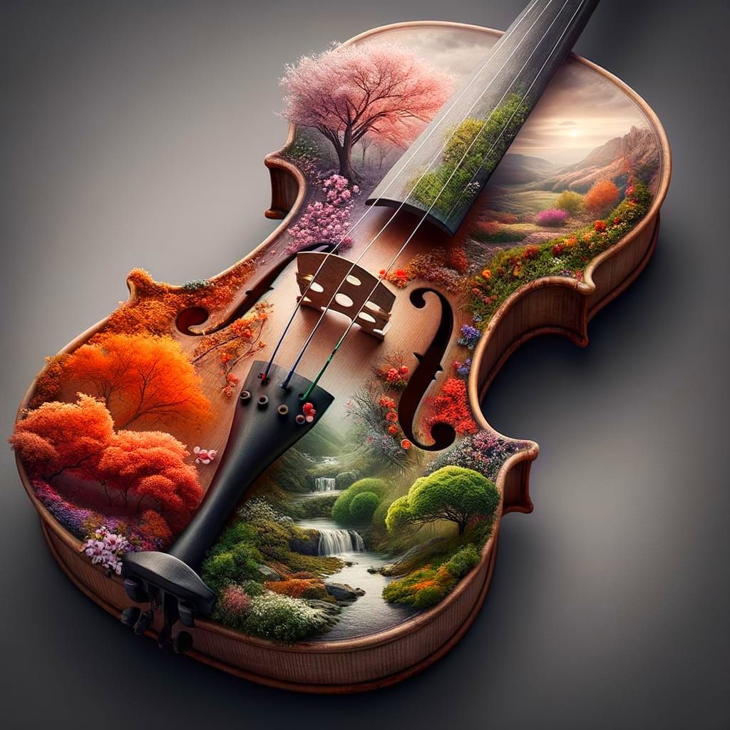 Surreal Violin Merges Four Seasonal Landscapes