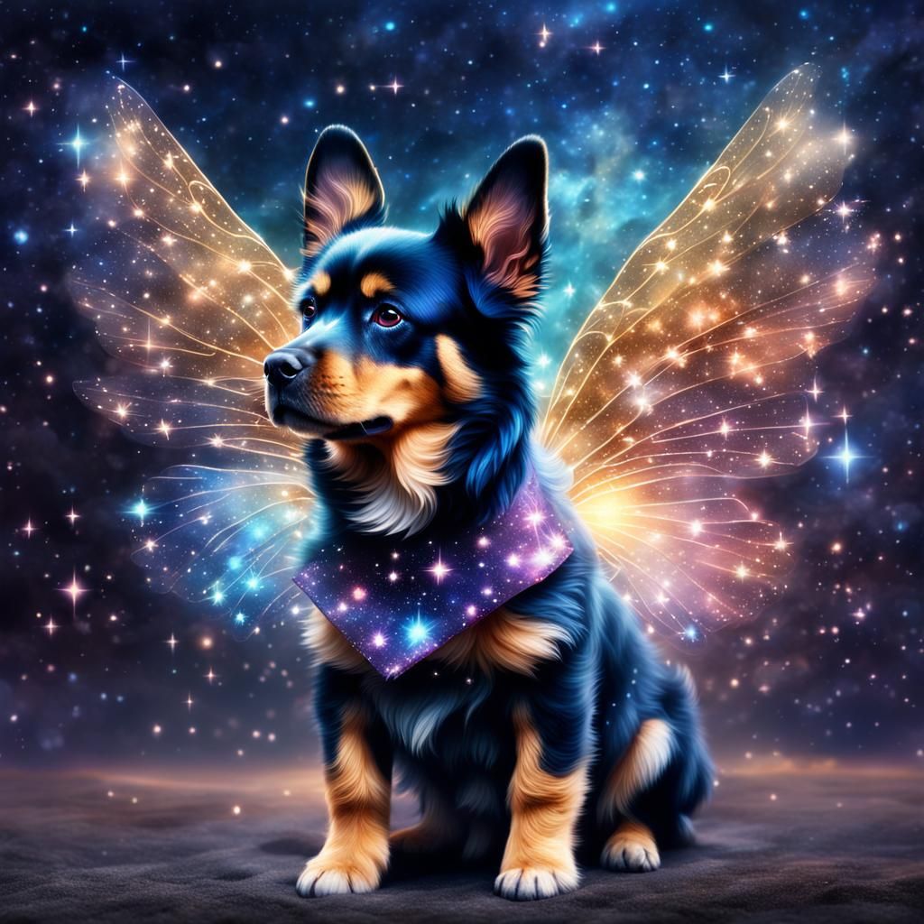 A beautiful fairy dog puppy with beautiful big wings made ou...