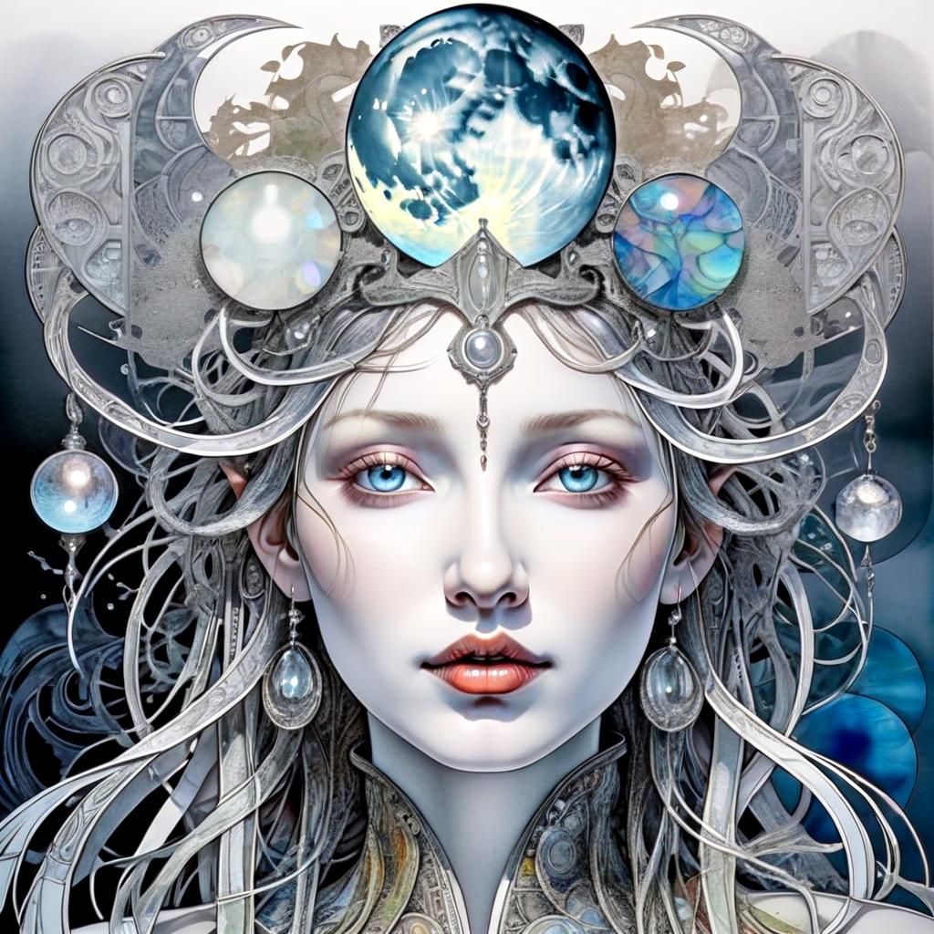 Hyperrealistic Moon Face with Silver Orbs