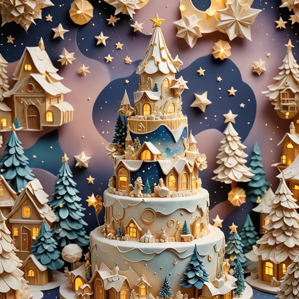 Whimsical Christmas Cake with Origami Details in 3D