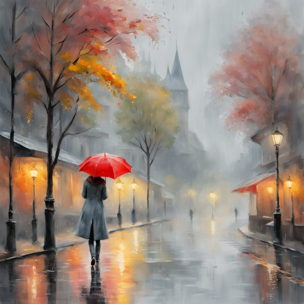 Woman Walking in Autumn Rain, Impressionist Watercolor Style
