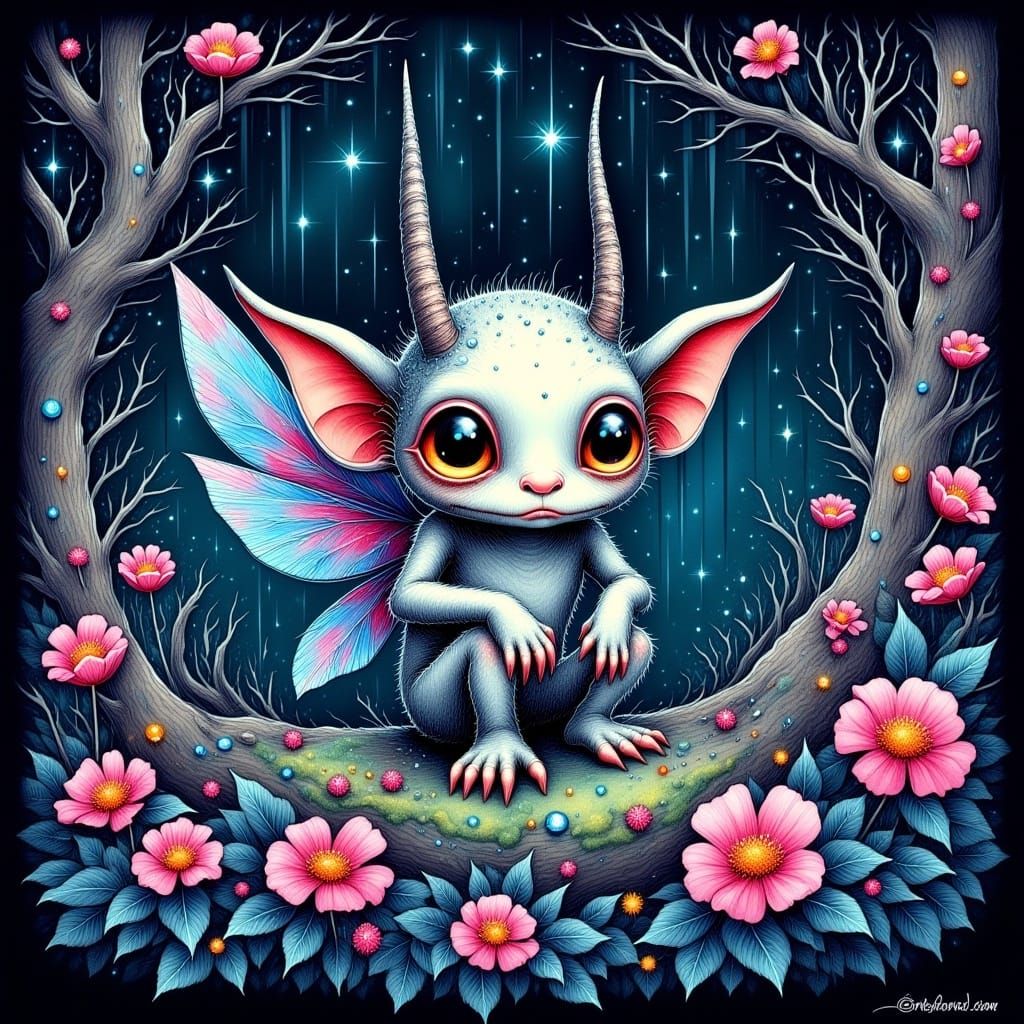 <lora:Cute Vintage flux:1.0> Blacklight Hyper detailed ink and watercolour painting. cute weird goblin with fairy wings in a fantasy swamp....
