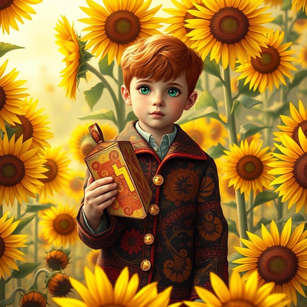 Vibrant Hasidic Boy Amidst Sunflowers in Whimsical Dreamscap...
