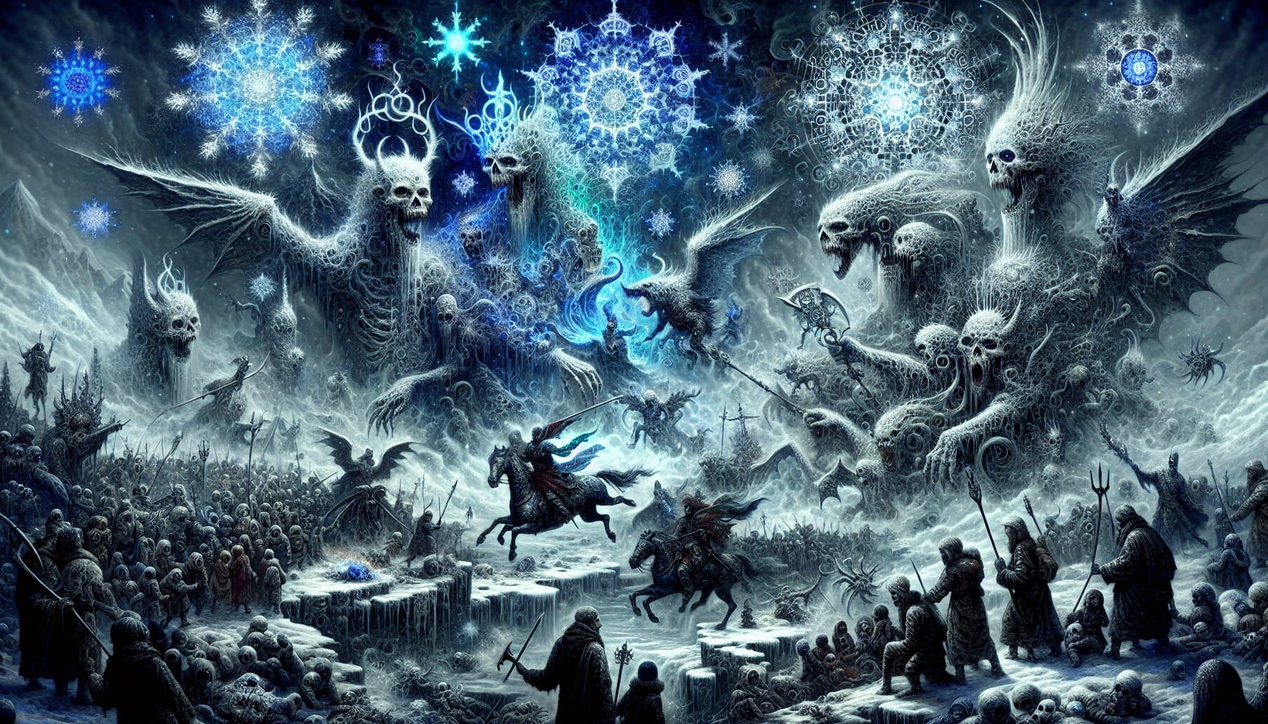 Dark winter fantasy concept art. Wide angle portrait. A general leads an army to fight another army full of winter monsters in a crumbled ki...