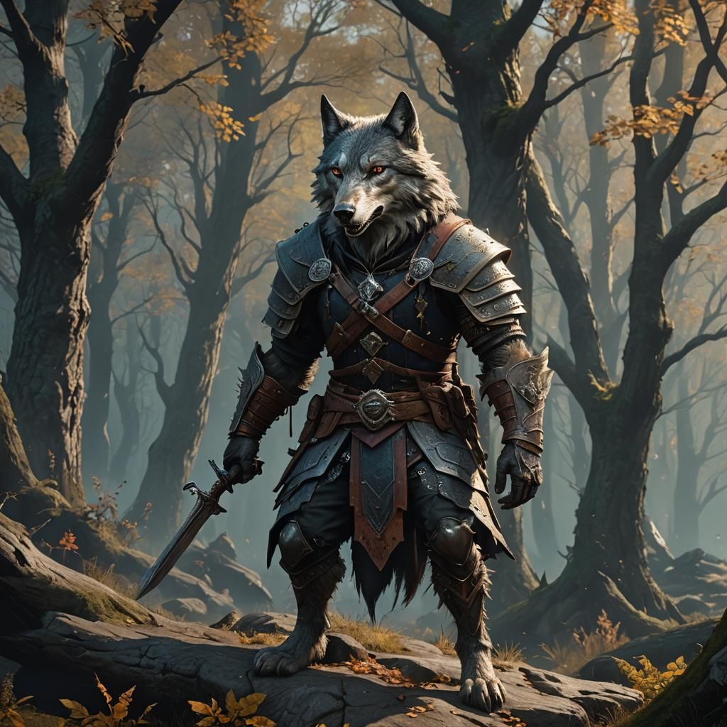 Anthropomorphic wolf as a witcher