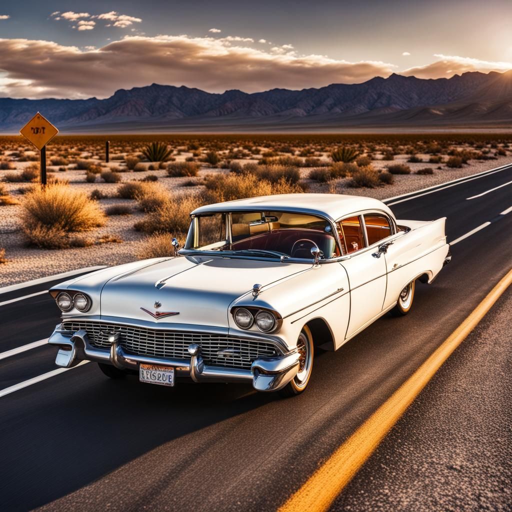 white classic car in a highway in the Nevada desert, sunset ...