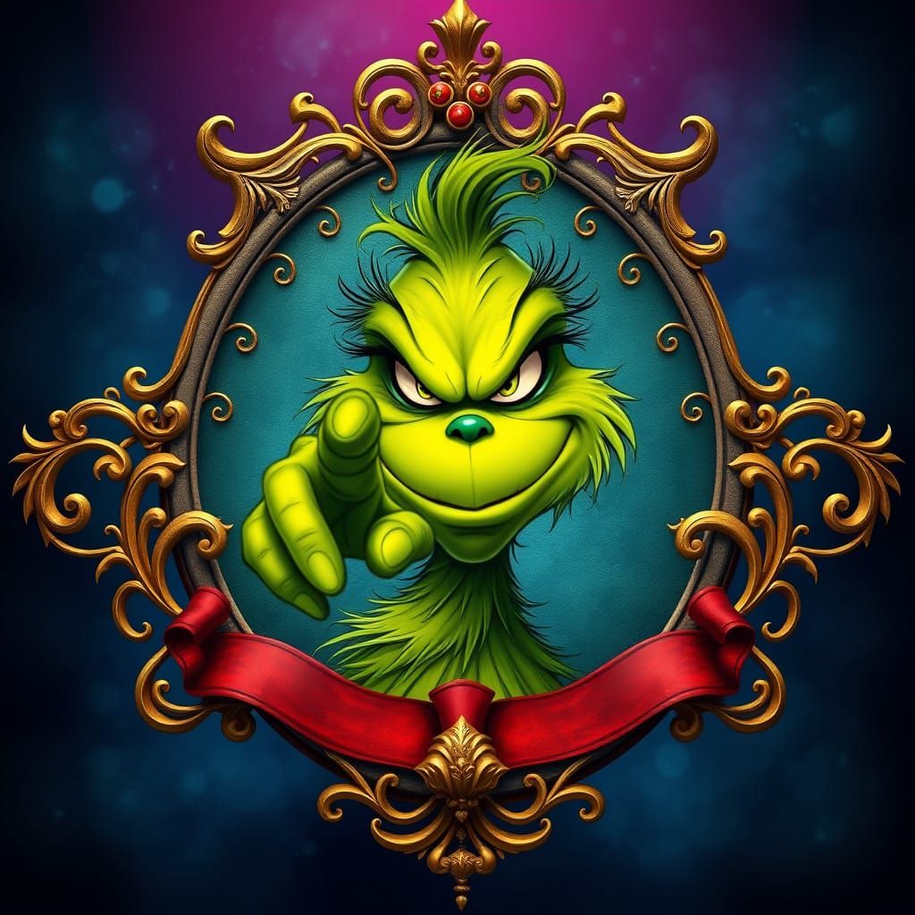 Cartoon Grinch on a heraldic banner pointing his finger at you