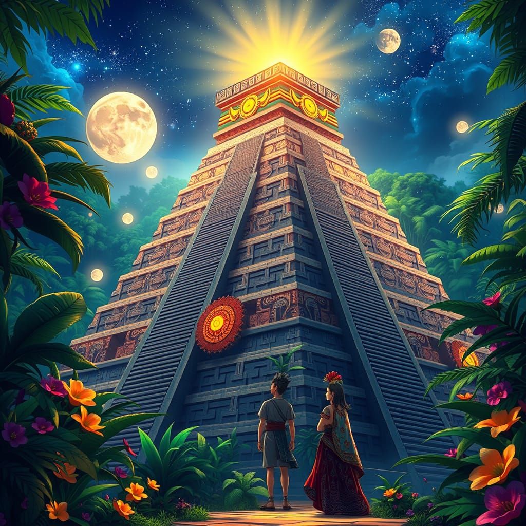 Ethereal Mayan-Aztec Pyramid in Vibrant Jungle Lan... - AI Art