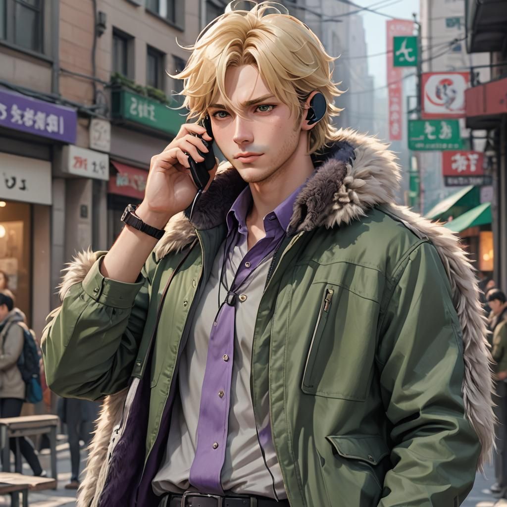 A man with blond hair and lilac eyes in a green shirt and on...