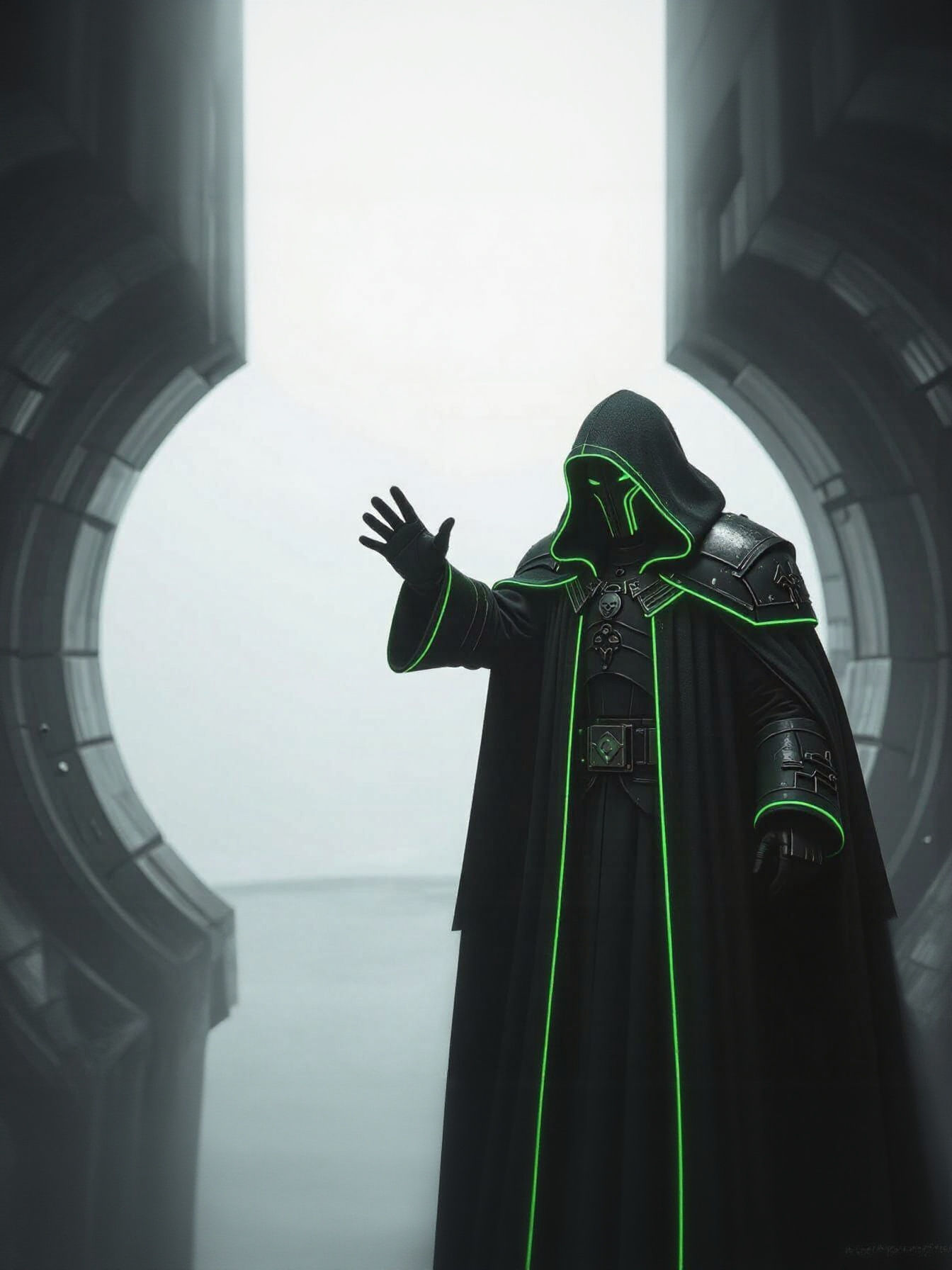 Concept: Warhammer 40,000 - Dark Sci-Fi
Subject:
Central Figure: A lone man. 
Attire: Dark, hooded robe with subtle, glowing green lines (my...