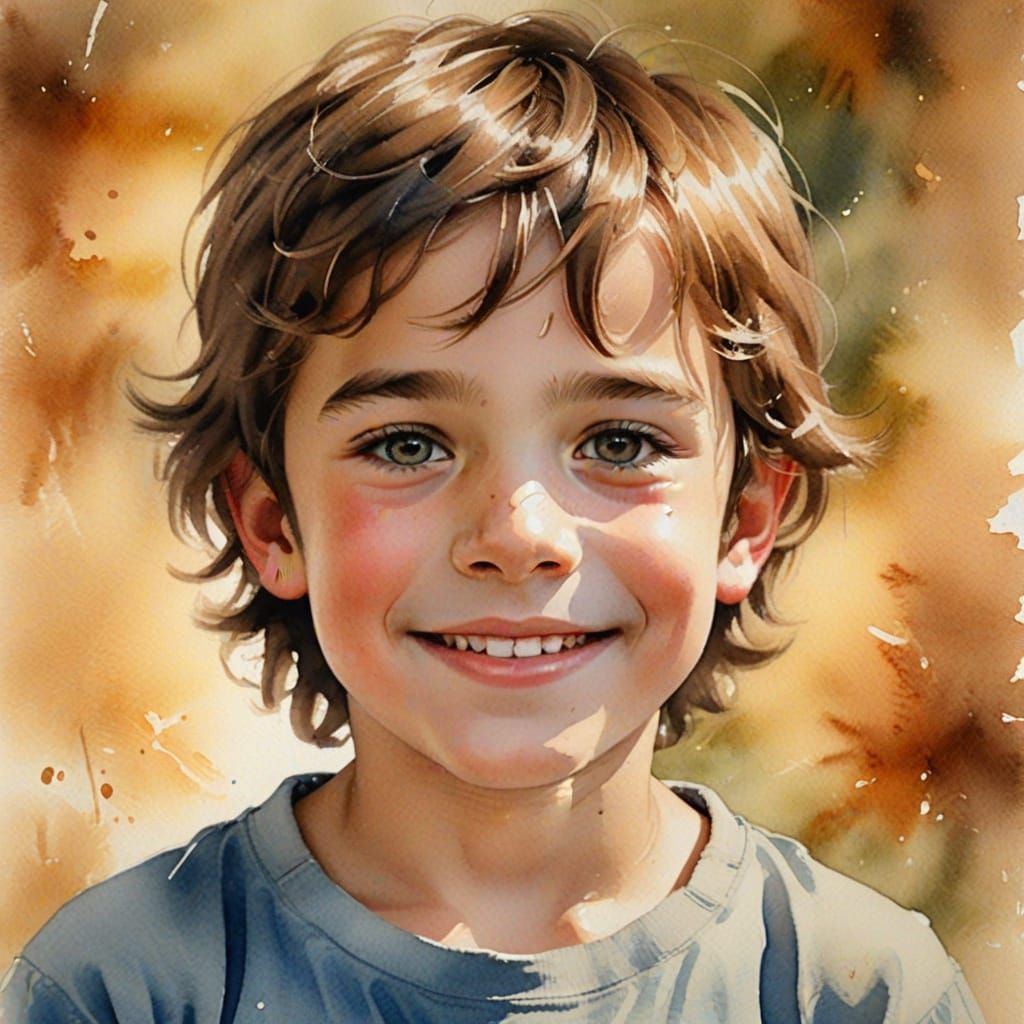 Watercolor Portrait of a Gentle Young Boy