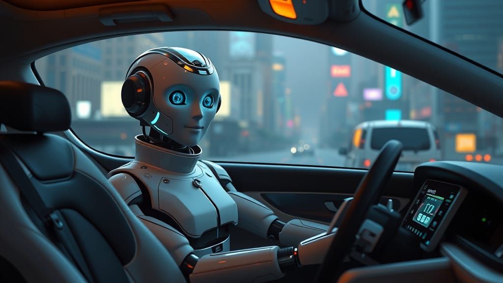 Create a highdefinition image of Rosie as a robot taxi driver, in a