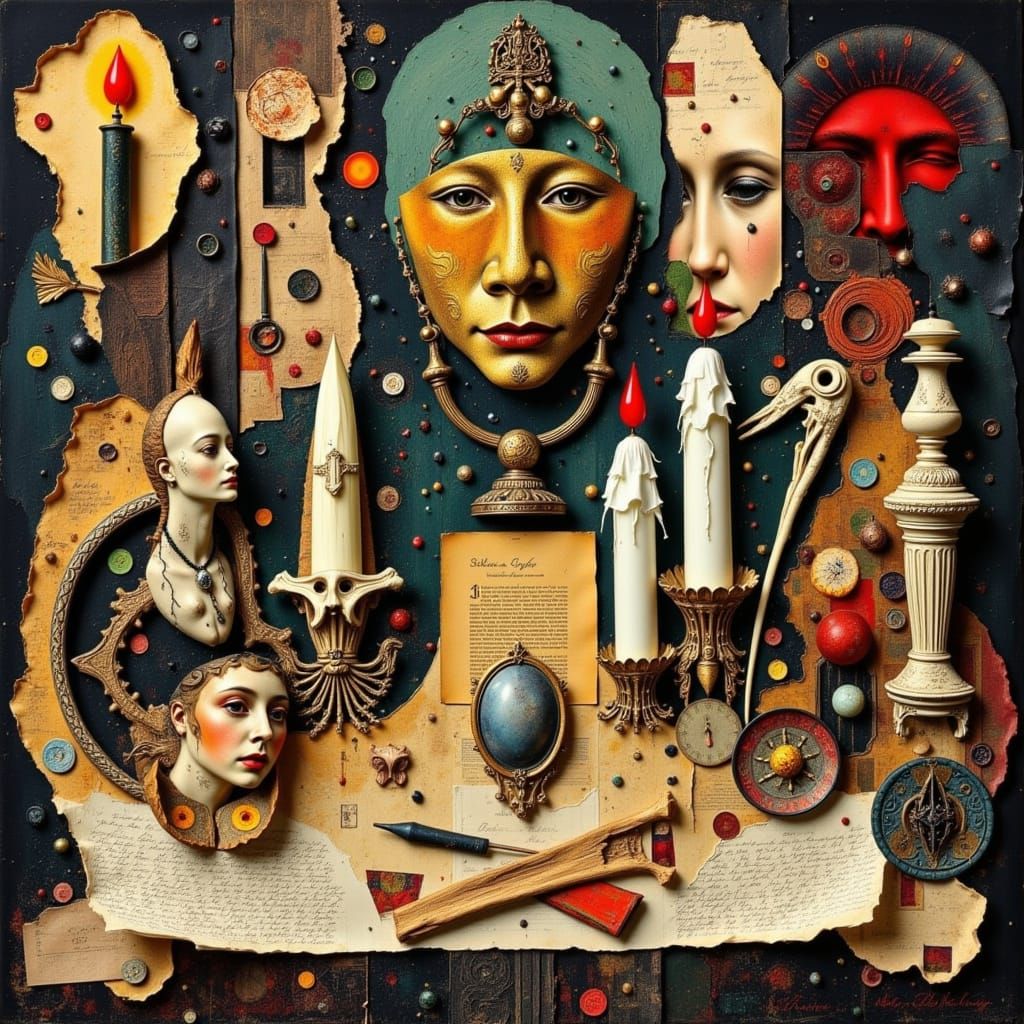 Collage Still Life of Ritual Objects with Spiritual Atmosphe...