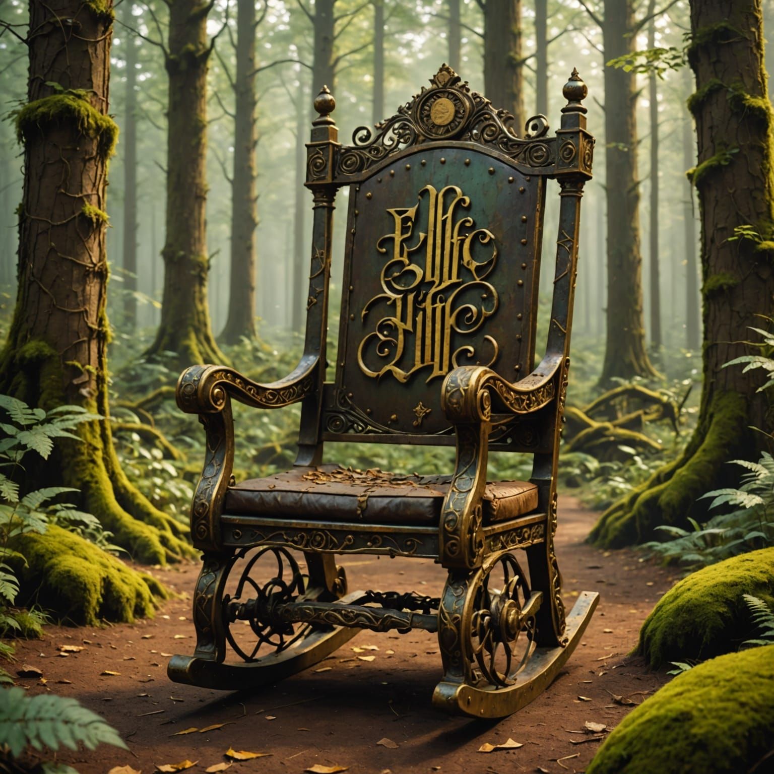 In an elfic forest there is a rusted magical rocking chair, with intrincated details and golden elfics ...  by @Wesly 