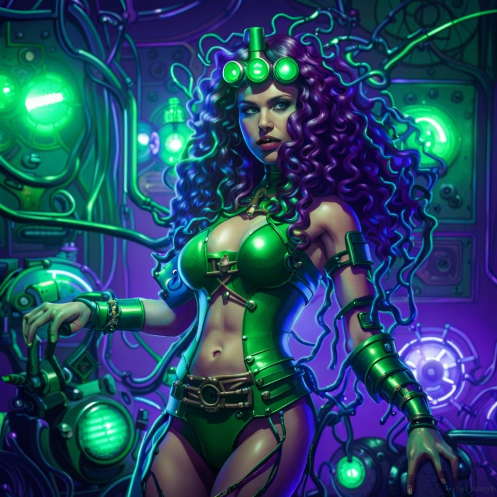 Attractive Medusa young woman in green latex bikini surround...