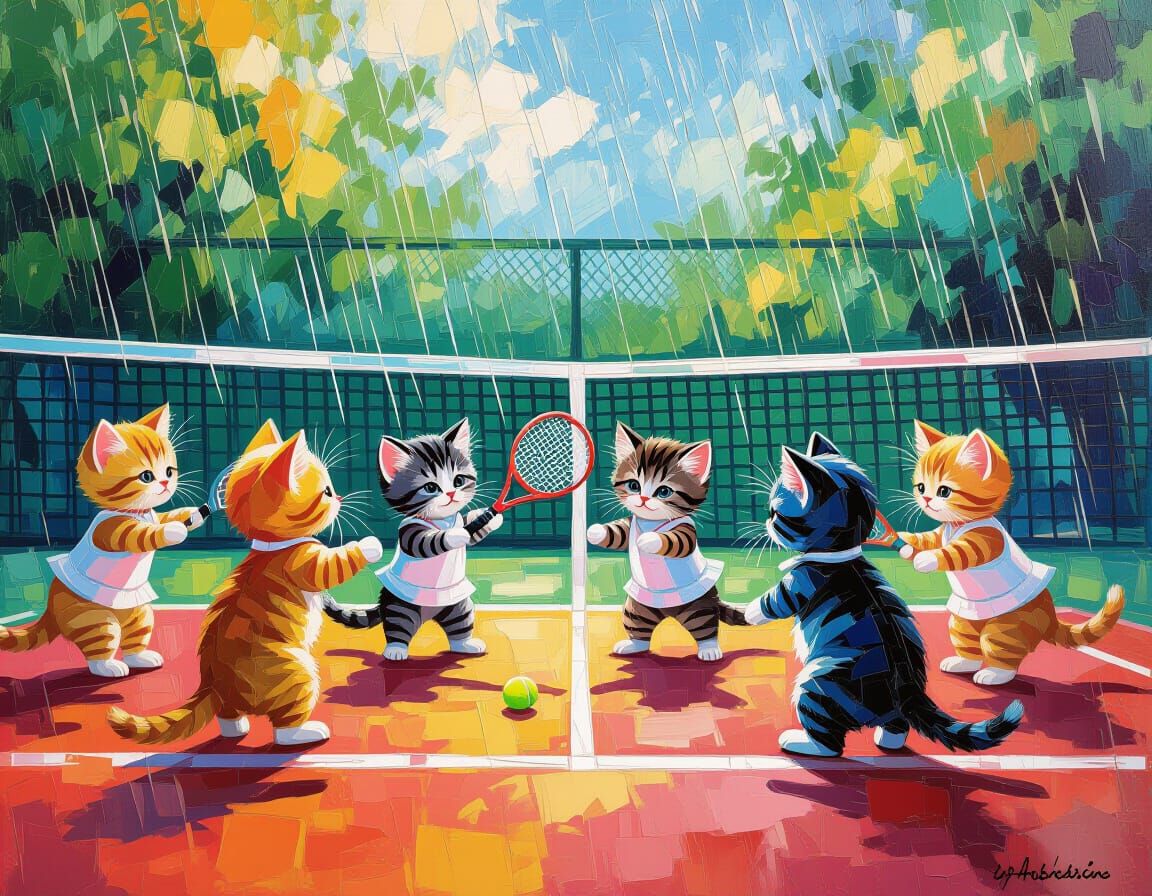 Neo-impressionism. Full shot. A group of adorable kittens wearing tiny tennis outfits play tennis on ...  by @HIKER