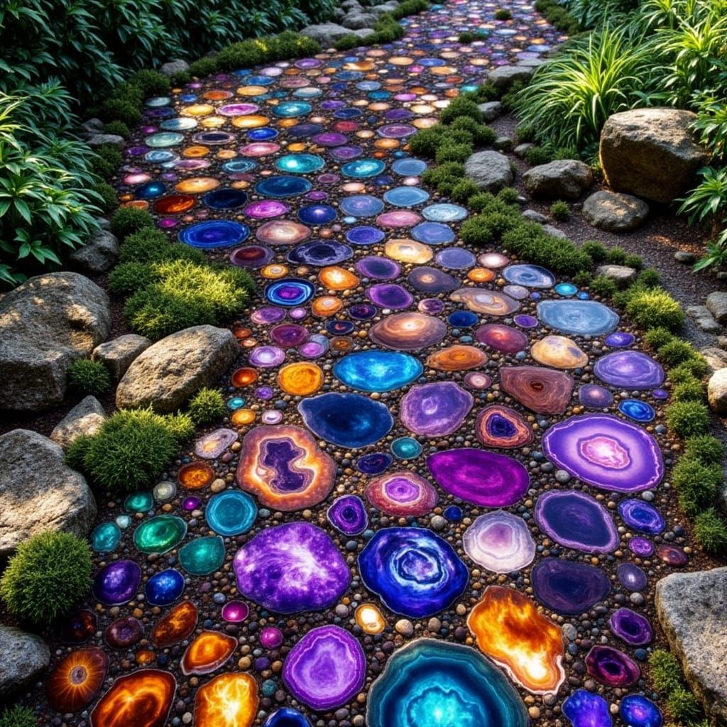 <lora:Abstract Reality:1.0> A garden path made from large, flat, polished agate slices. The agate slices are in various vibrant colors like ...
