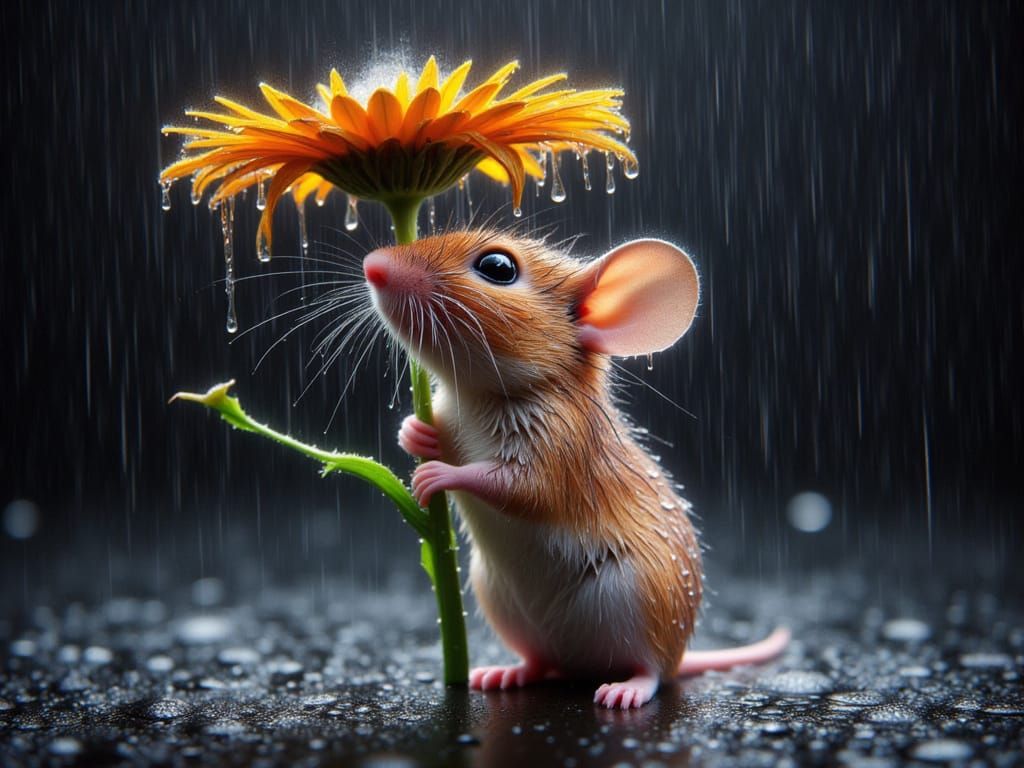 <lora:FiosAnimalsInTheRain:1.0> Mishka the Mouse under a flower in the rain