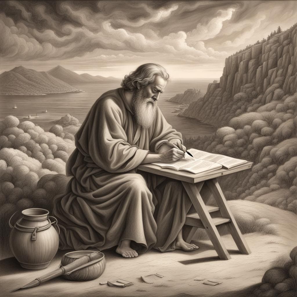 apostle John writing scroll of book of revelation on desert island of ...